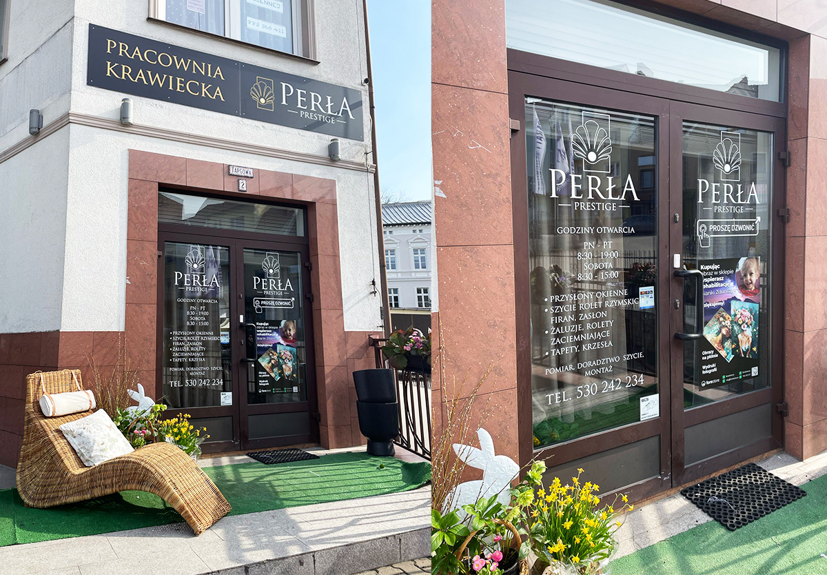 Szyldy z dibondu i oklejenie witryn – realizacja dla Pracowni Krawieckiej Perła Prestige