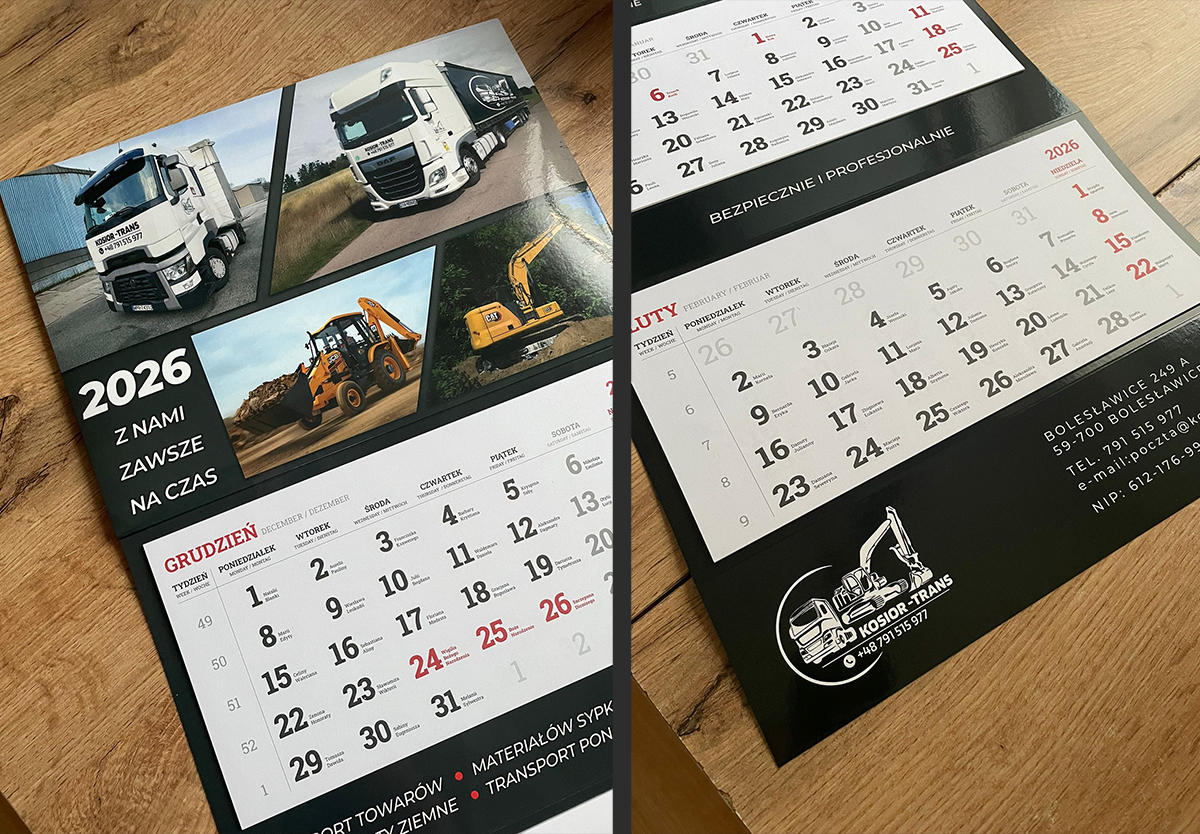 Kalendarze trójdzielne dla firmy Kosior-Trans